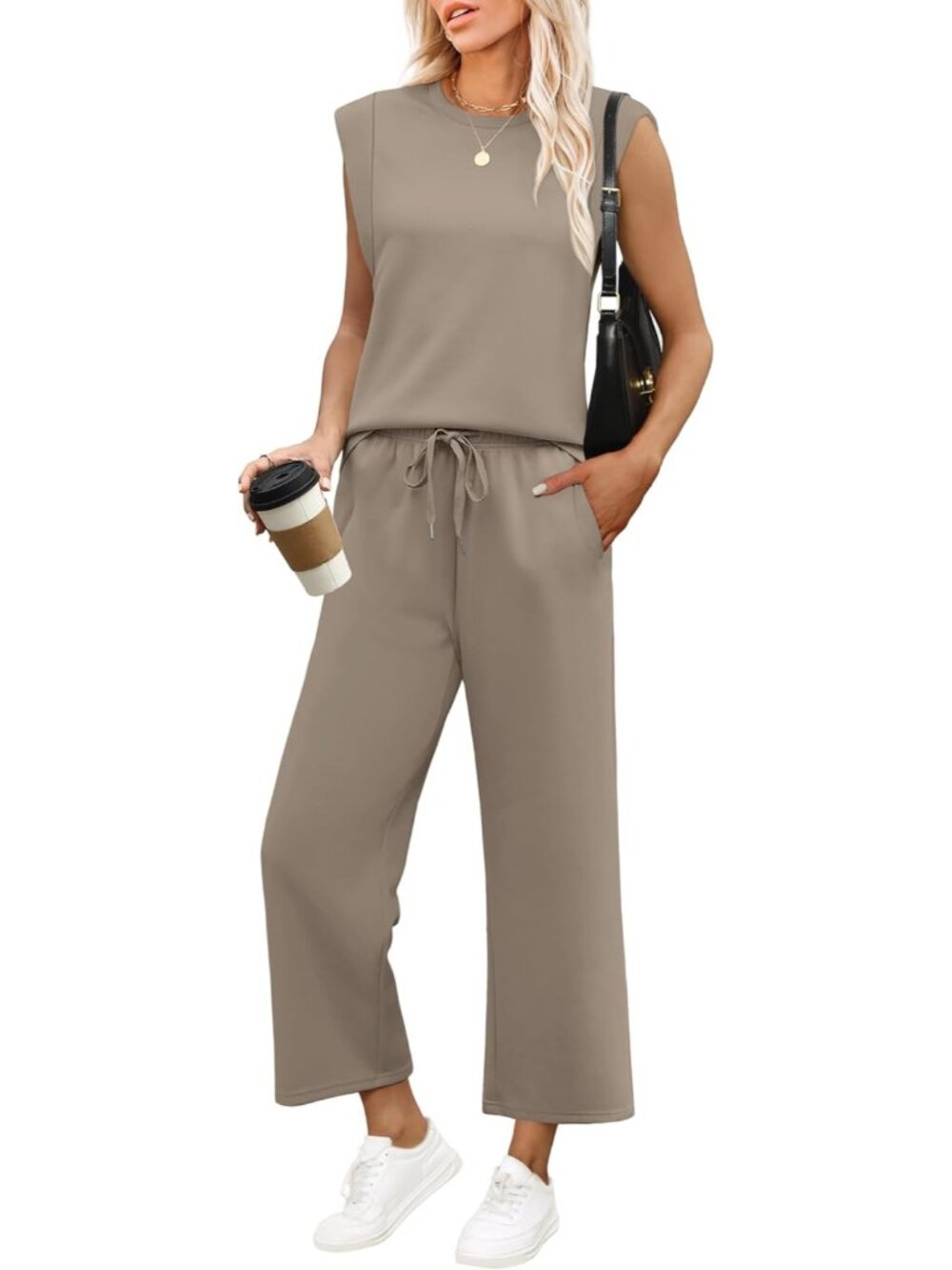 Women's Coffee 2 Piece Sets Outfits Summer Lounge Set Sleeveless Travel Vacation